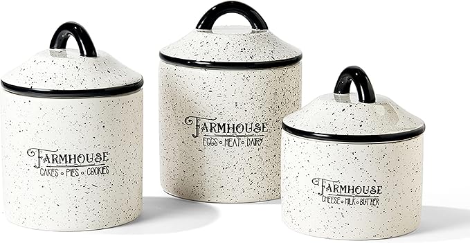 American Atelier Canister Set 3-Piece Ceramic Jars in Small, Medium, Large with Airtight Lids for Cookies, Candy, Coffee, Flour, Sugar, Rice, Pasta, Cereal & More (Farm House)
