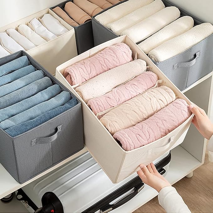 2 Packs Wardrobe Clothes Organizer, Foldable Closet Organizers Extra large 5 Grids Fabric Drawer Dividers with Double Handles for Jeans, Clothes, Pants, Sweaters, T-Shirts (Cream)