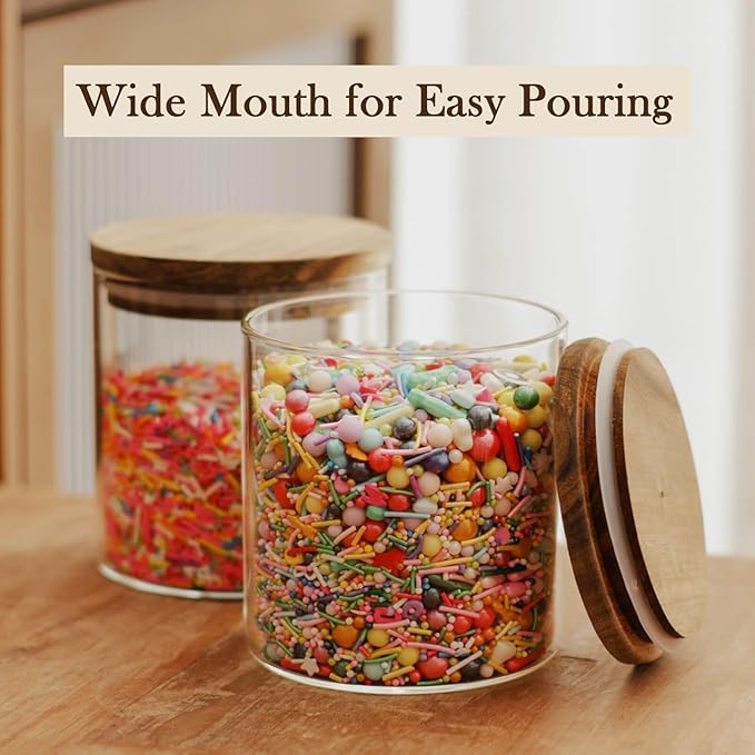 Labina Glass Storage Container Airtight Food Jars Kitchen Canister with Wood Lids, 20 Oz Wide Mouth Pantry Organization Glass Jar for Flour, Sugar, Cookie, Spagetti, Candy and Nuts (2 Pack)