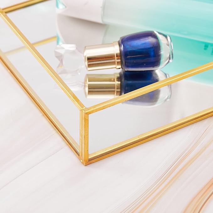 Gold Mirror Decorative Tray Jewelry Perfume Organizer Vanity Tray, Dresser Decorative Tray, Bathroom Bedroom Cosmetics Storage, 11.8"x7.9"x2"