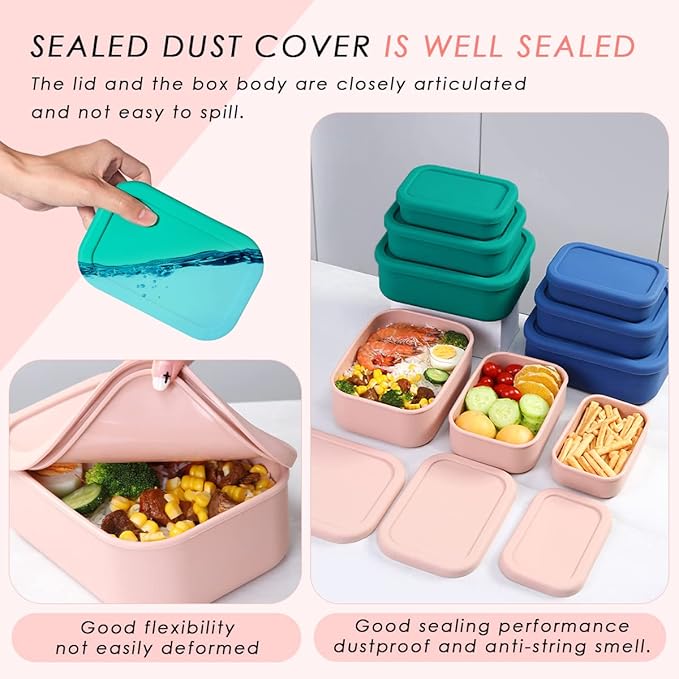 Silicone Food Storage Containers, Set of 3 Rectangular BPA-Free Silicone Lunch Box Containers with Lids, Airtight, Leak-Proof, Freezer, Microwave & Dishwasher Safe (10.2oz, 23.6oz, 44oz)