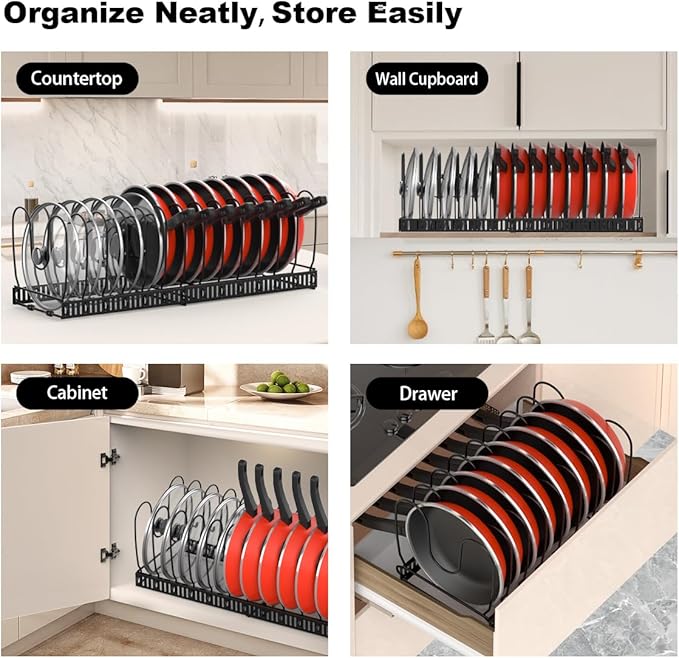 Pot and Pan Organizer Rack for Cabinet, Expandable Pot Lid Organizer Holder with 14 Adjustable Dividers, Fully Expanded Size 22.83" W x 7.09" D x 7.09" H, Black