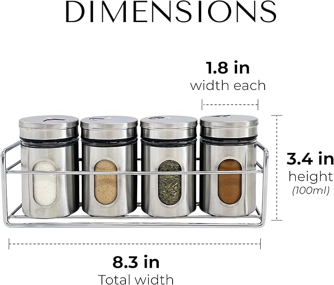 4 Pcs Stainless Steel Spice Seasoning Container Jars with Storage Rack, Perfect for Storing Spices, Salt, Pepper, Sugar and Dry Ingredients (Silver)