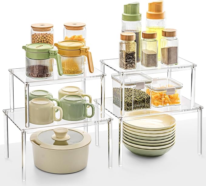 Acrylic Cabinet Organizer, Set of 4 Spice Rack Organizer for Cabinet, Desk Countertop Shelf Organizer, Pantry Kitchen Storage and Organization, Stackable Shelves House Essentials for Gift