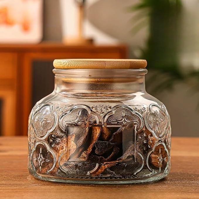 Vintage Glass Decorative Jar, 25.4 FL OZ Glass Food Storage Containers, Sugar Bowl, Kitchen Airtight Glass Jar for Candy Snack Cookies Coffee Tea Nuts (begonia), transparent