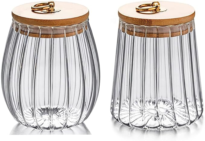 Strip Pattern Clear Glass Sugar Jar with Bamboo Lid,Food Storage Jar,Glass Jar with Lid,Coffee Candy Canister Airtight Storage Container (Conical+Oval)