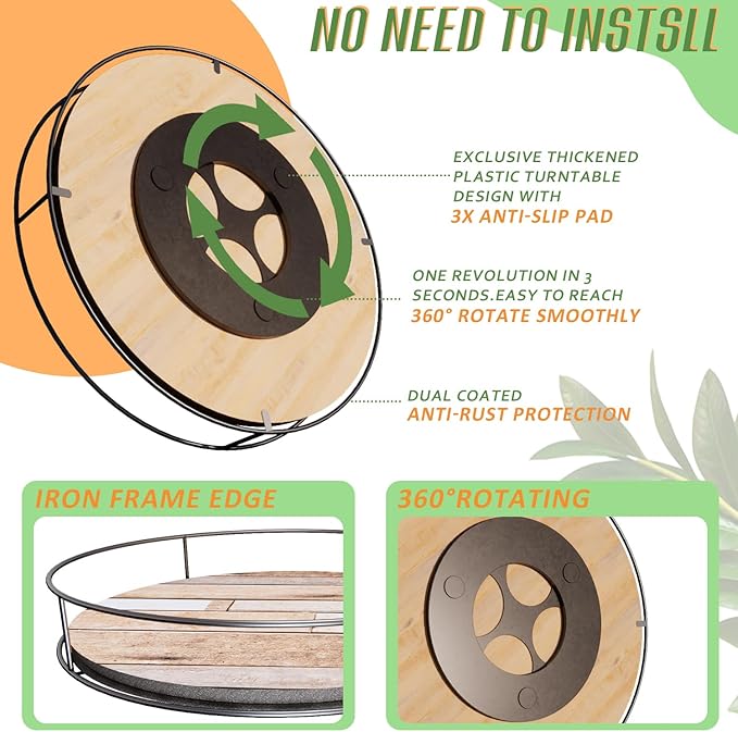 12 Inch Turntable Wooden Lazy Susan, Non-Skid Brown White Wooden Board Turntable Organizers for Cabinet, Pantry, Kitchen, Perfect Spice Rack Solution