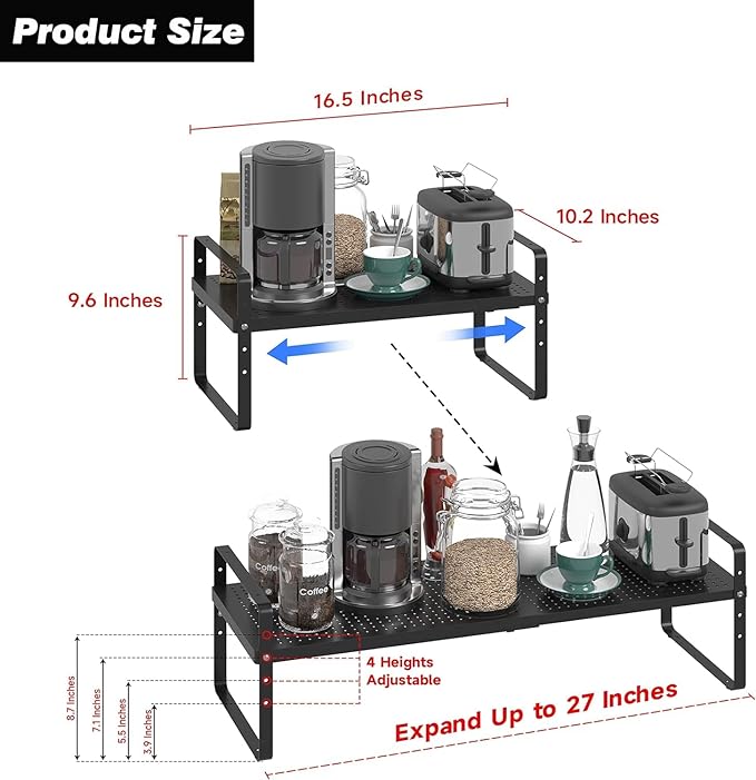 Expandable Kitchen Cabinet Shelf Organizer Rack Heavy Duty Metal Spice Rack Stackable Kitchen Counter Storage Shelf for Kitchen Cabinet Pantry Bathroom (Black - 16.5"-27" L x 10.2" W x 9.6" H - 3Pack)