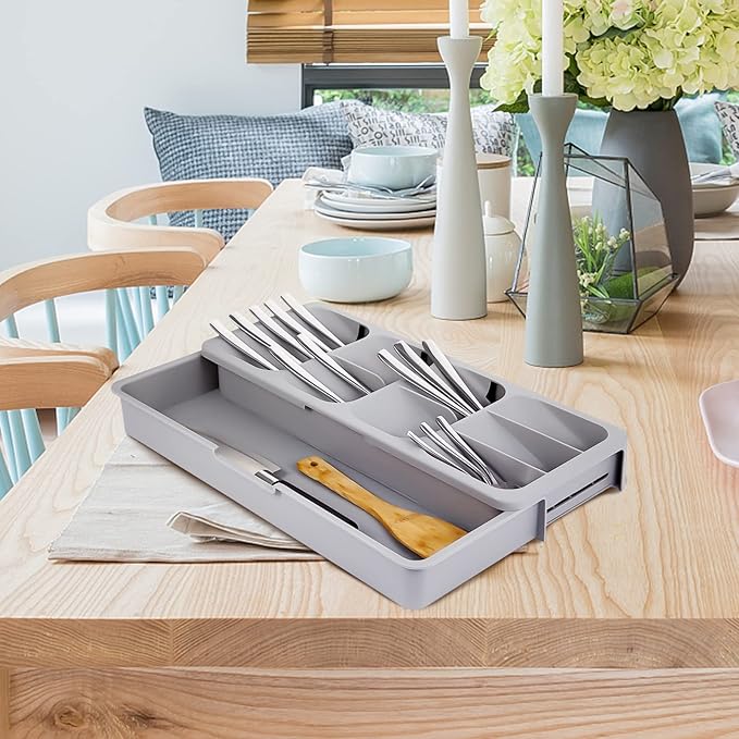 Faridabio Silverware Drawer Organizer Set of 2, Expandable Cutlery Tray for Kitchen, Adjustable Utensil Tray Cutlery Holder, Compact Plastic Storage for Spoons Forks Knives, Grey