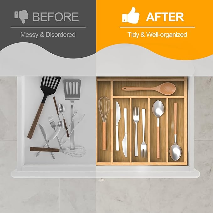 Bamboo Kitchen Drawer Organizer, Utensils Organizer Cutlery Tray Holder, 7-Slot Drawer Divider for Silverware, Flatware