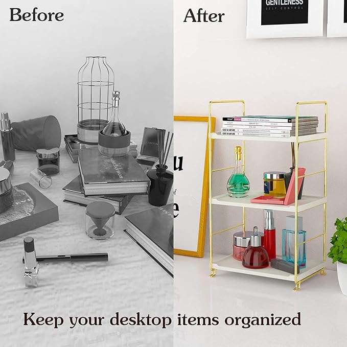 3-Tier Kitchen Spice Rack, Freestanding Stackable Organizer Shelf, Bathroom Countertop Storage Shelf, Cosmetic Organizer Holder, Square Standing Rack (Golden)