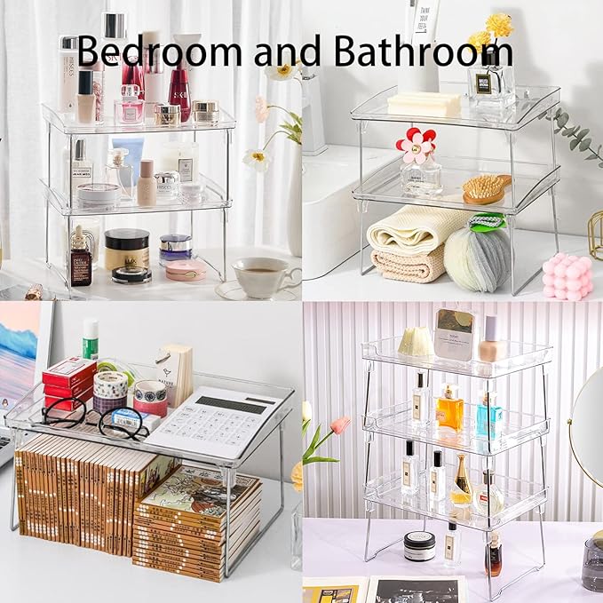 Kitchen Stackable Shelves 2Pack, Cabinet Storage Shelf Rack, Foldable Countertop Shelf Organizer for Kitchen, Bedroom and Bathroom, Cabinet Storage Organization-Clear