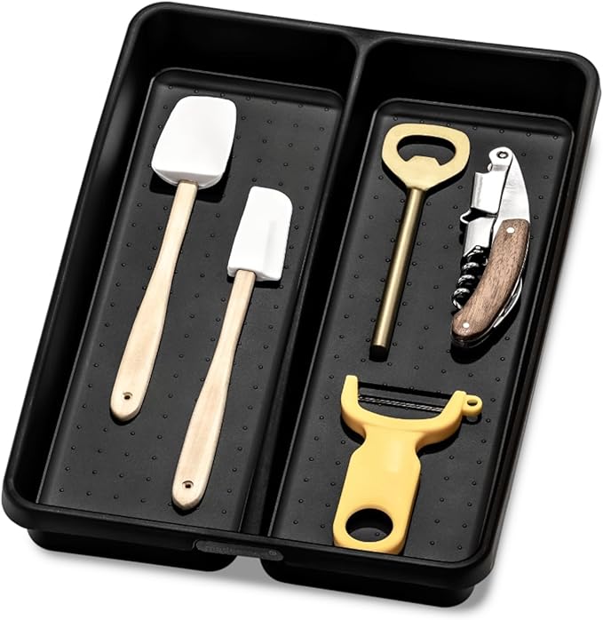 madesmart Premium Antimicrobial Classic Mini Utensil Tray Soft Grip, Non-Slip Kitchen Drawer, Multi-Purpose Home Organization, EPA Certified, 2 Compartments, Carbon