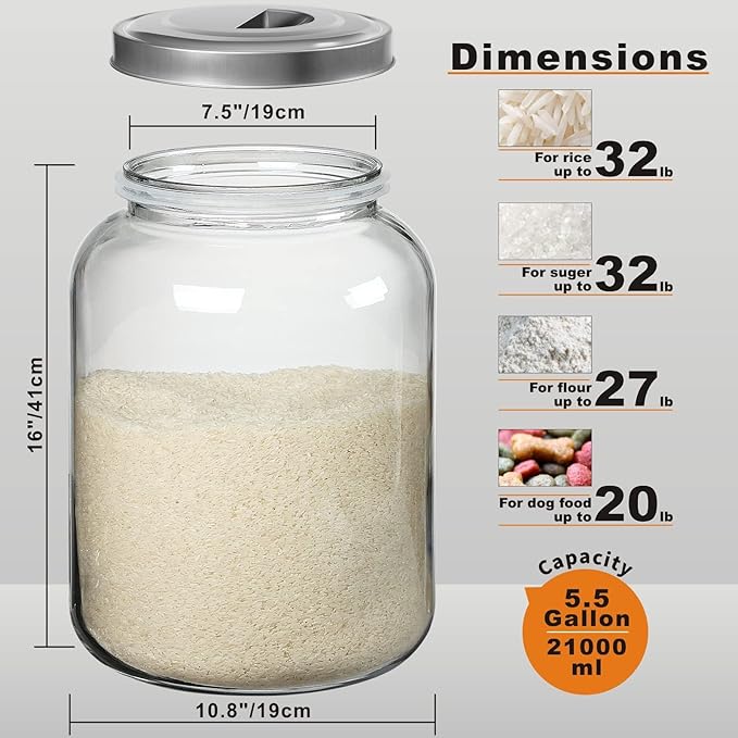 Large Storage Glass Jars with Metal Lids, 5.5 Gallon (21000 ML) Canisters - Super Wide Mouth Heavy Duty with for Storing Flour, Rice, Set of 1