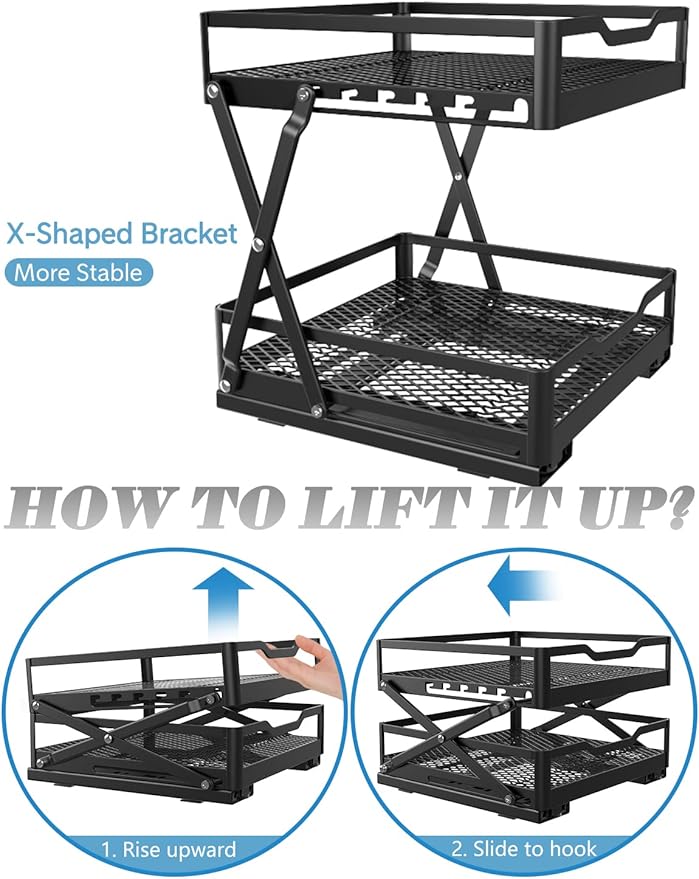 VOGWOLTH Pull Out Spice Rack Organizer, Collapsible Spice Rack Pull Out Drawer 2 Tier Height Adjustable Sliding Seasoning Shelf Kitchen Cabinet Pantry Closet Organizer Heavy Duty Metal (Large)