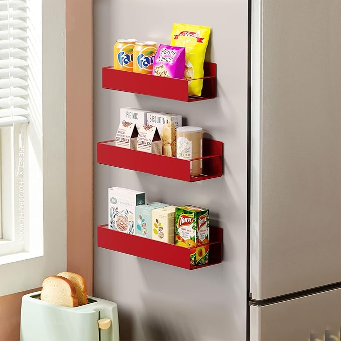 3 Pack Moveable Fridge Magnetic Spice Racks,Metal Red