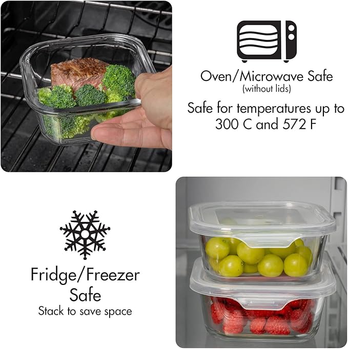 Square Glass Storage Container, Stackable BPA Free Airtight Seal Food Containers with Lids, Meal Prep Kitchen Organization and Storage, 5"x5" x 2.5", 17.6oz, 0.52L, White, 4 Pack