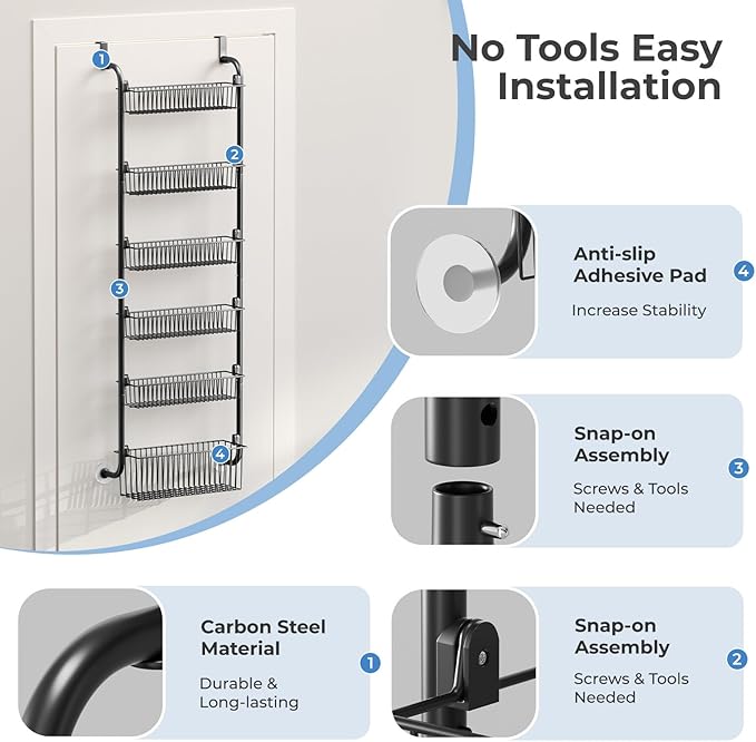Over The Door Pantry Organizer, 6-Tier Pantry Door Organizers and Storage, Metal Over The Door Organizer, Pantry Door Organizer for Kitchen, D6 x W17 x H60 inch, Black
