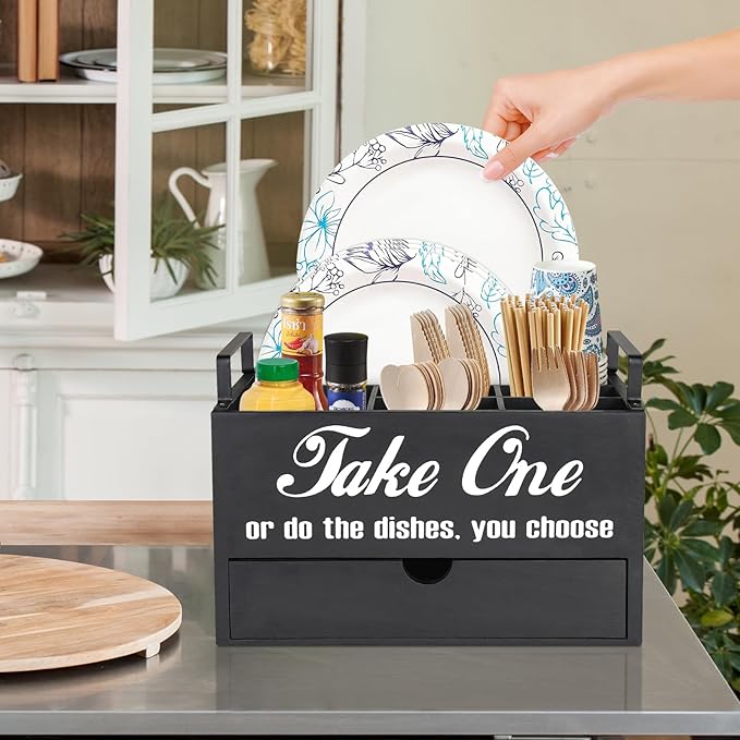 Paper Plate Holder Countertop, Utensil Caddy with Drawer, Black, 6 Compartments, 1 Drawer, Space Saving, Convenient to Carry, Sturdy, Easy Cleaning, Ideal Gift Idea