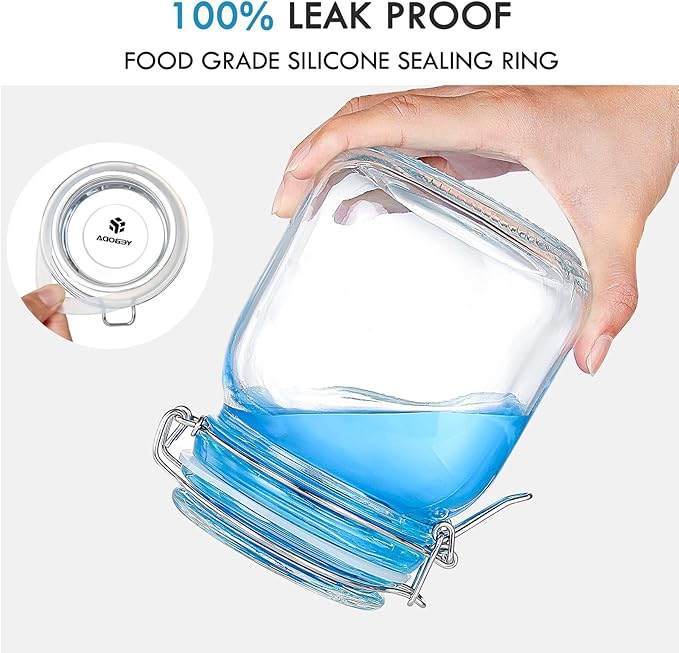 YEBODA 32oz Food Storage Canister Glass Jars with Clamp Airtight Lids and Silicone Gaskets for Multi-Purpose Kitchen Containers - Clear Square (3 Pack)