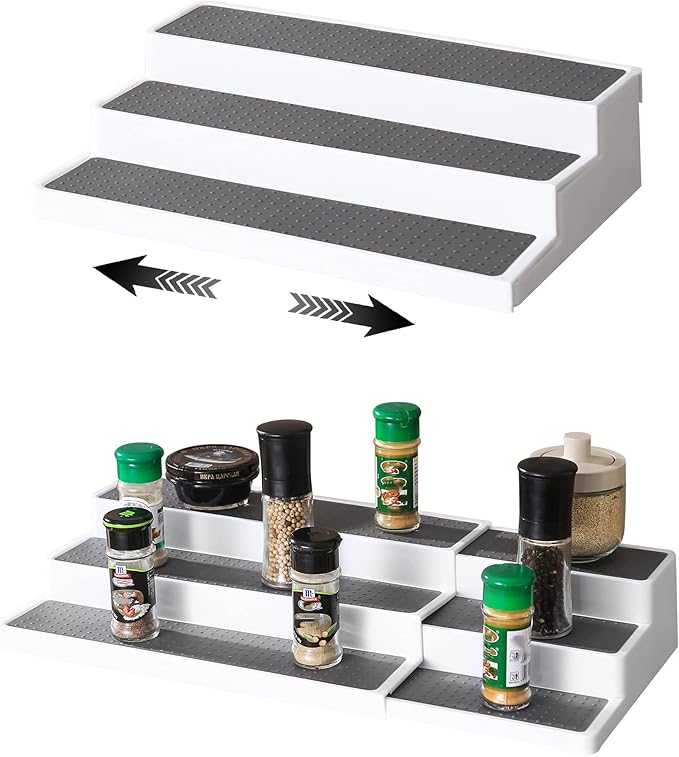3-Tier Spice Racks Organizer for Cabinet,Non Skid Spice Rack for Countertop,Kitchen Expandable Seasoning Shelving Organizer Spice Storage for Inside of Cabinet