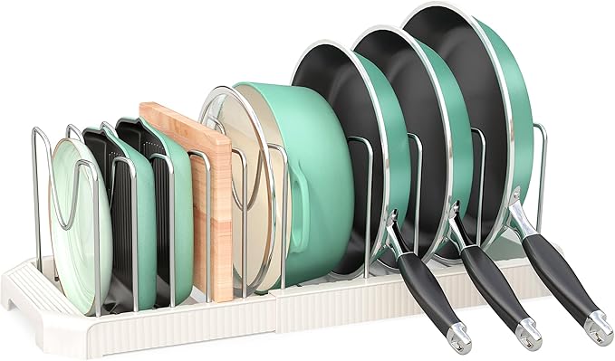 Pots and Pans Organizer for under Cabinet, Expandable Pan Pot Organizers inside Cabinet, Heavy Duty Pot Rack for kitchen organizers and storage Holder with 10 adjustable compartment White