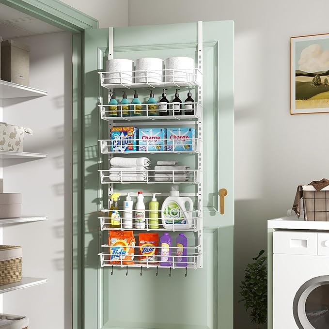 Over The Door Pantry Organizer, Wall Mount Spice Rack, Pantry Hanging Storage and Organization, 6 Adjustable Baskets Heavy-Duty Metal for Home & Kitchen, Back of Door Seasoning Rack - White