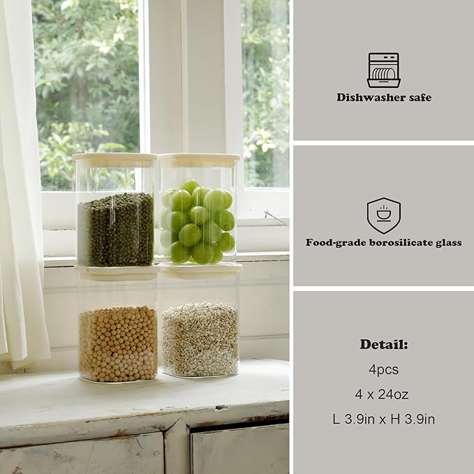4pcs 25oz Square Pantry Glass Jars with Clear Airtight Lids Kitchen Canisters Sets for Flour, Sugar Refrigerator Safe