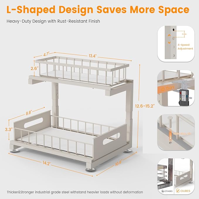 2 Pack Under Sink Organizer, 2-Tier Heavy Duty Metal Pull Out Cabinet Organizer Slide Out Sink Shelf Organizer Height Adjustable, Multi-Purpose Storage Shelf for Kitchen Bathroom (Sand, 1 Pack)