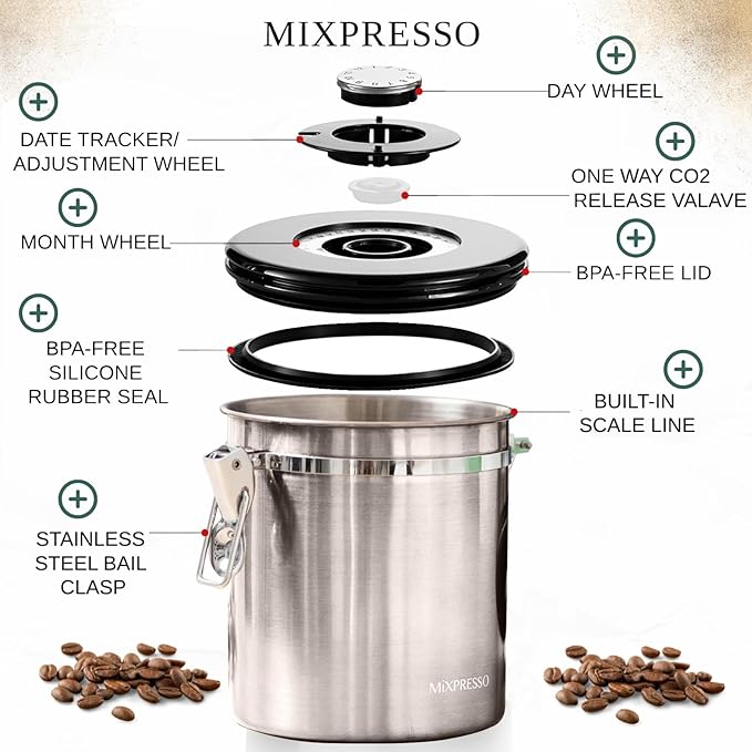 Mixpresso 16 Oz Coffee Canister with Scoop Stainless Steel Airtight Coffee Container, Ground Coffee Bean Storage with Date Tracker, Vacuum Sealed Espresso Airtight Container Coffee Jar Sugar Container