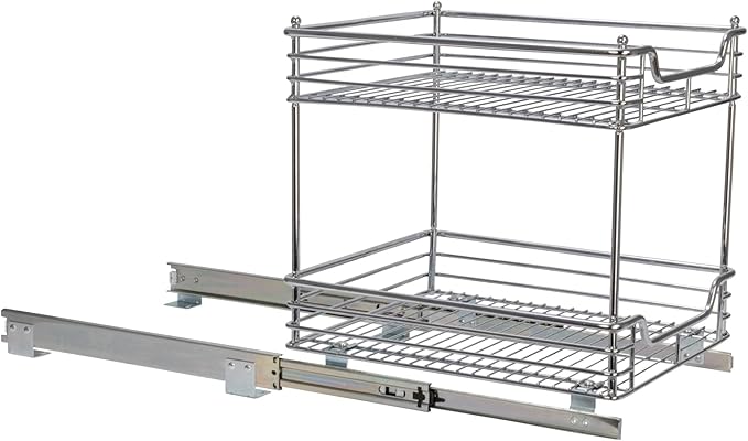 Household Essentials Glidez Multipurpose Chrome-Plated Steel Pull-Out/Slide-Out Storage Organizer for Under Cabinet Use - 2-Tier Design - Fits Standard Size Cabinet or Shelf, Chrome
