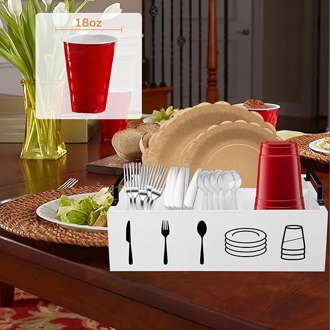 5-Tier Paper Plate Holder & Utensil Organizer for Kitchen - Wooden Storage Rack for Party, Picnic, BBQ | Under Cabinet Space Saving Design with 5 Compartments for Plates, Napkins, Cutlery (White)