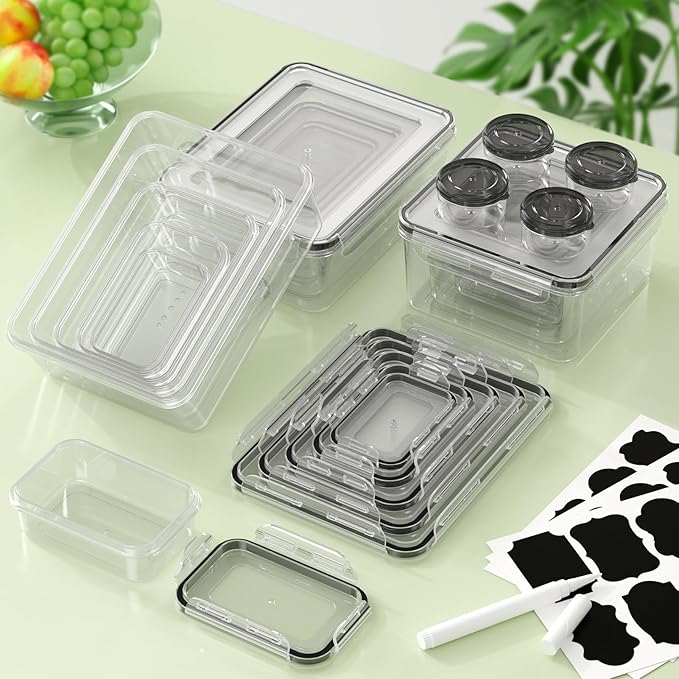36-Piece Food Storage Containers with Lids(18 Containers & 18 Lids), Plastic Food Containers for Pantry & Kitchen Storage and Organization, BPA-Free, Leak Proof, Reusable with Labels & Pen