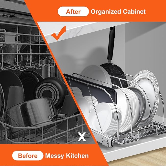 VEVOR Pan and Pot Rack, Expandable Pull Out Under Cabinet Organizer, Cookie Sheet Baking Pans tray Organization, Adjustable Wire Dividers, Steel Lid Holder for Kitchen Cabinet & Pantry Storage, 11.7"W