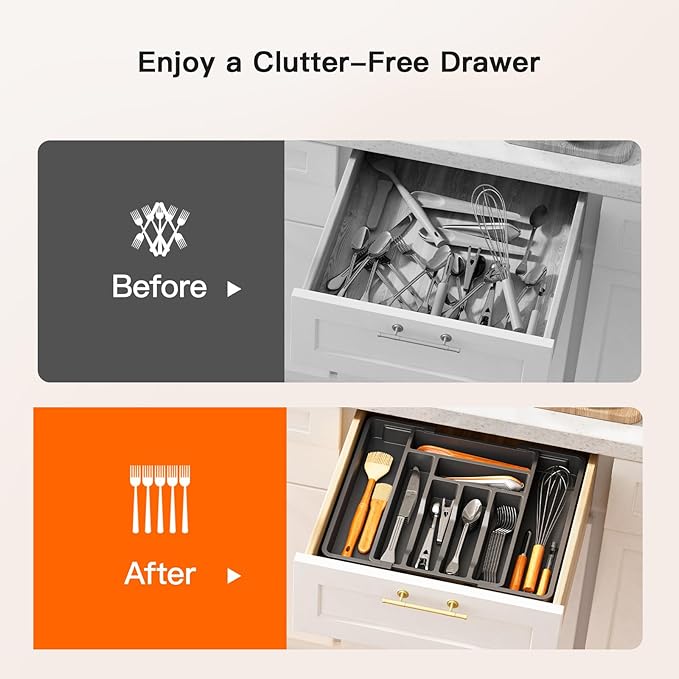 Pipishell Silverware Drawer Organizer, Expandable BPA-Free Kitchen Utensil Storage Tray for Forks, Spoons and Knives, Black Plastic Cutlery Holder