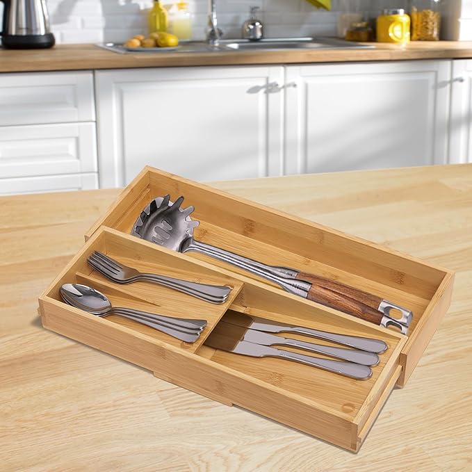 Bamboo Kitchen Drawer Organizer, Silverware Organizer Expandable Utensil Holder with Removable Knife Block, Cutlery Tray with Drawer Dividers for Kitchen Utensils and Flatware