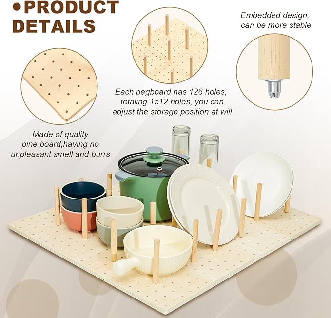 Kigley 12 Pcs Pegboard Drawer Organizer with 96 Drawer Peg Wood Peg Board Wooden Kitchen Plate Organizer for Dishes Food Containers Cookware Utensils(21 Inch,Wood Color)
