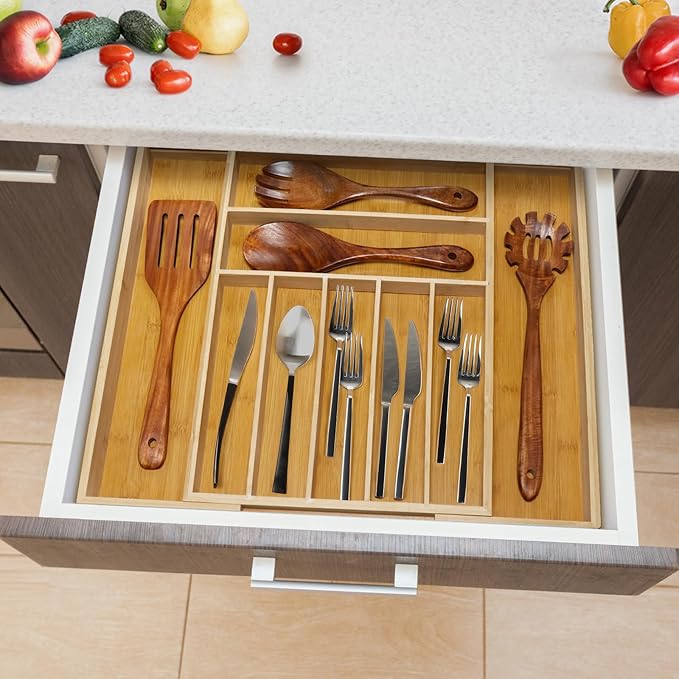 Silverware Organizer with 9 Slots - Bamboo Utensil Drawer Organizer for Kitchen - Expandable Flatware Drawer Organizer Tray for Kitchen Utensils, Cutlery and Tools