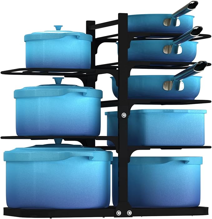 Podxco Heavy Duty Pots and Pans Organizer Under Cabinet: 8-Tier Adjustable Pot and Pan Organizer, Space Saving Pan Organizers Inside Cabinet, 21" Kitchen Storage Pot Rack Organizer for Cast Iron Pan