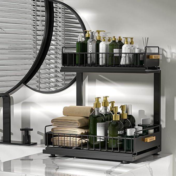 Under Sink Organizer, High Adjustable 2 Tier Under Kitchen Sink Organizer, Multi-Purpose Storage Shelf for Kitchen Bathroom Cabinet, Black