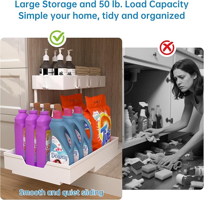 2 Tier Under Sink Organizer L-Shape Pull Out Cabinet Organizers Narrow Space Sink Shelf Storage Shelves Multi-purpose Organization Drawer for Bathroom Kitchen Pantry, 15.5 Inch, White