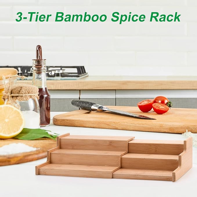 3-Tier Bamboo Expandable Spice Rack, Step Shelf Cabinet Organizer Step Shelf Kitchen Pantry Cabinet Expandable Display Shelf,Spice Holder Cabinet Seasoning Tower for Kitchen(#1)