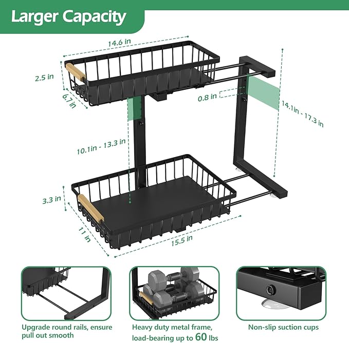 ADRIMER Under Sink Organizer 2 Packs, Pull Out Kitchen Sink Organizer, 2 Tier Slide Out Kitchen Organizers and Storage Bathroom Under Cabinet Storage Shelf, Black