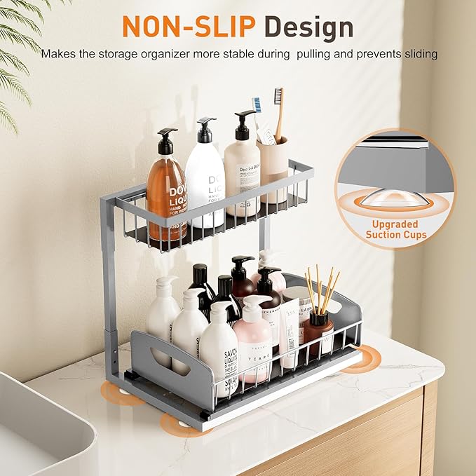 Under Sink Organizer 2 Pack,Metal Pull Out Cabinet Organizer Shelf,Kitchen Bathroom Organizers and Storage with Sliding Drawer,Storage Shelves,Storage and organization for Home,Laundry,RV,Pantry,Spice