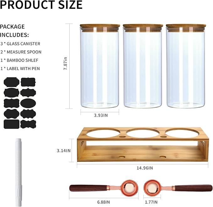 ZOMUIA Glass Coffee Containers Airtight Coffee Bean Storage Canisters with Shelf, 3Pcs 44oz Coffee Station Organizer, Kitchen Food Storage Jars for Sugar, Candy, Oats, Nuts