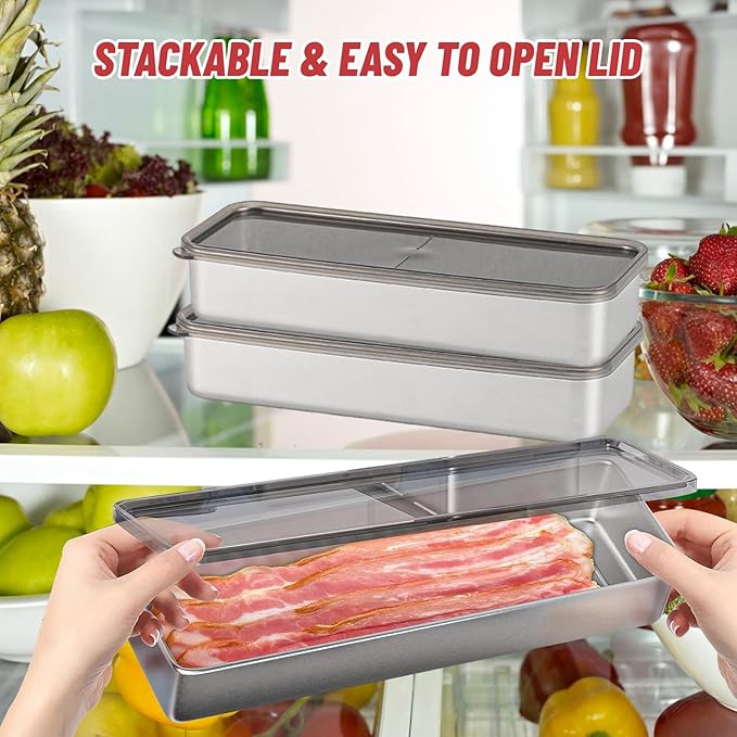 2 Pack Bacon Keeper Container, Cheese Container for Fridge,Lunch Meat Container for Refrigerator, Stainless Steel Deli Containers,Fridge Organizers and Storage with Lids Stackable (Bacon)