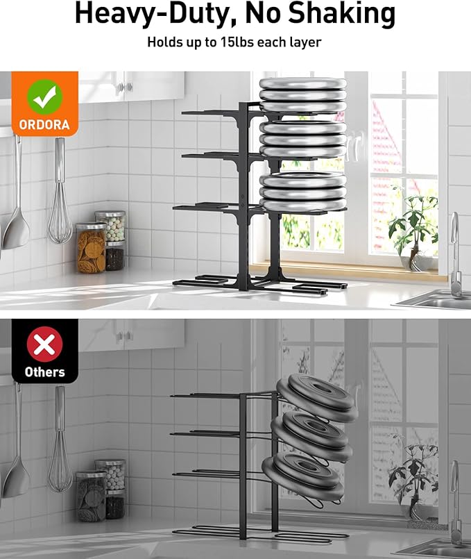 ORDORA Pots and Pans Organizer: under Cabinet, 20.8" Height Heavy Duty 120LBS Pots Pans Organizer Rack for under Cabinet 8-Tier Adjustable for Big Stockpots, Dutch Oven, Cast-iron Pans, Heavy Cookware