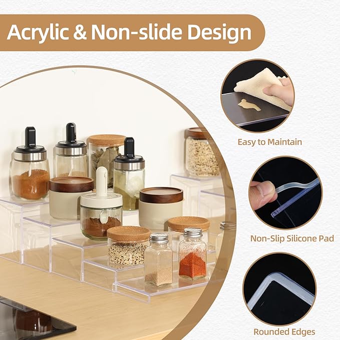 10 Pack Acrylic Spice Rack Organizer for Cabinet(10.8"~12.4"L), 5 Size Seasoning Organization with Non-Slide Silicone Pads, Clear Shelf Riser Storage Can & Cup for Kitchen Countertop, Cupboard, Pantry