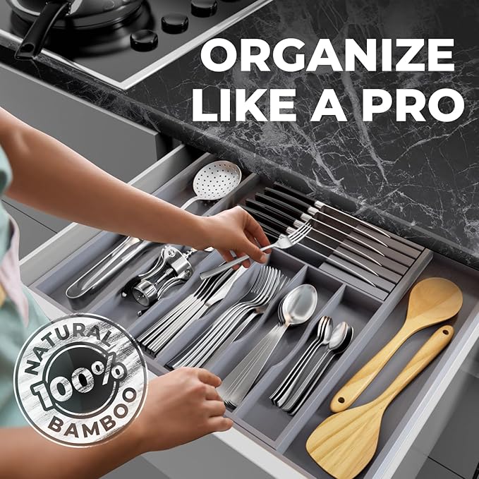 Premium Expandable Kitchen Drawer Organizer - 100% Bamboo Organizer Tray - Great for Silverware, Large Utensils, Flatware, Cutlery - 8 Compartments with Knife Block - Perfectly Fits Your Drawers