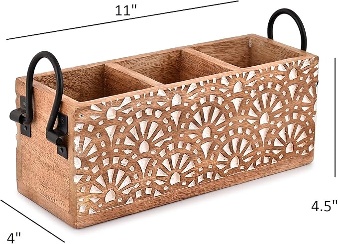 NIRMAN Mango Wood 3 Compartment Multi Purpose Utensil Cutlery Racks for Cutlery, Napkins, Cups Caddy Organizer (11" x 4" x 4.5")